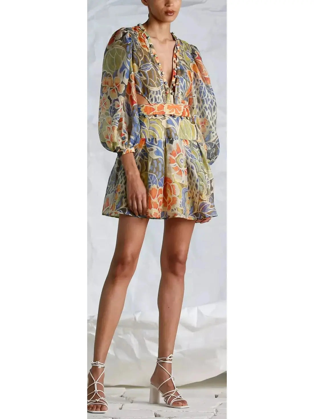 Floral Print Silk and Linen Subtle Cut-Out Mini Dress - Dresses