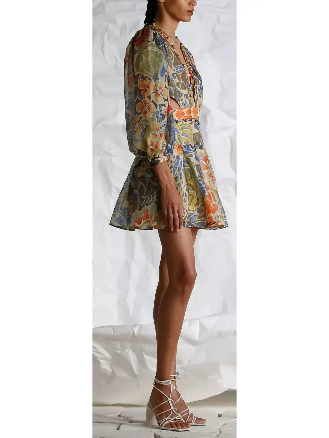 Floral Print Silk and Linen Subtle Cut-Out Mini Dress - Dresses