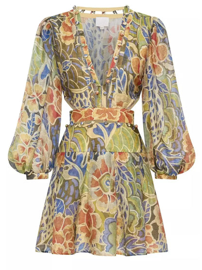 Floral Print Silk and Linen Subtle Cut-Out Mini Dress - Dresses