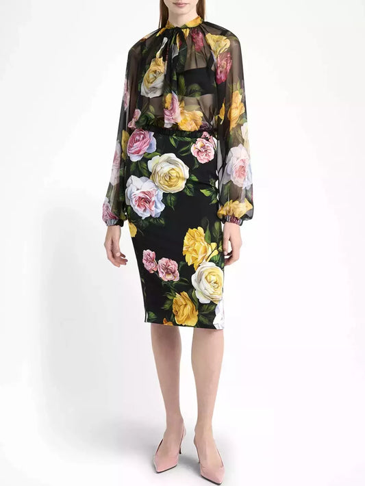 Floral print silk chiffon cropped blouse and skirt set showcasing a vibrant floral pattern