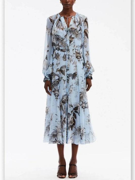 Floral Print Silk Chiffon Midi Dress in Light Blue - Dresses