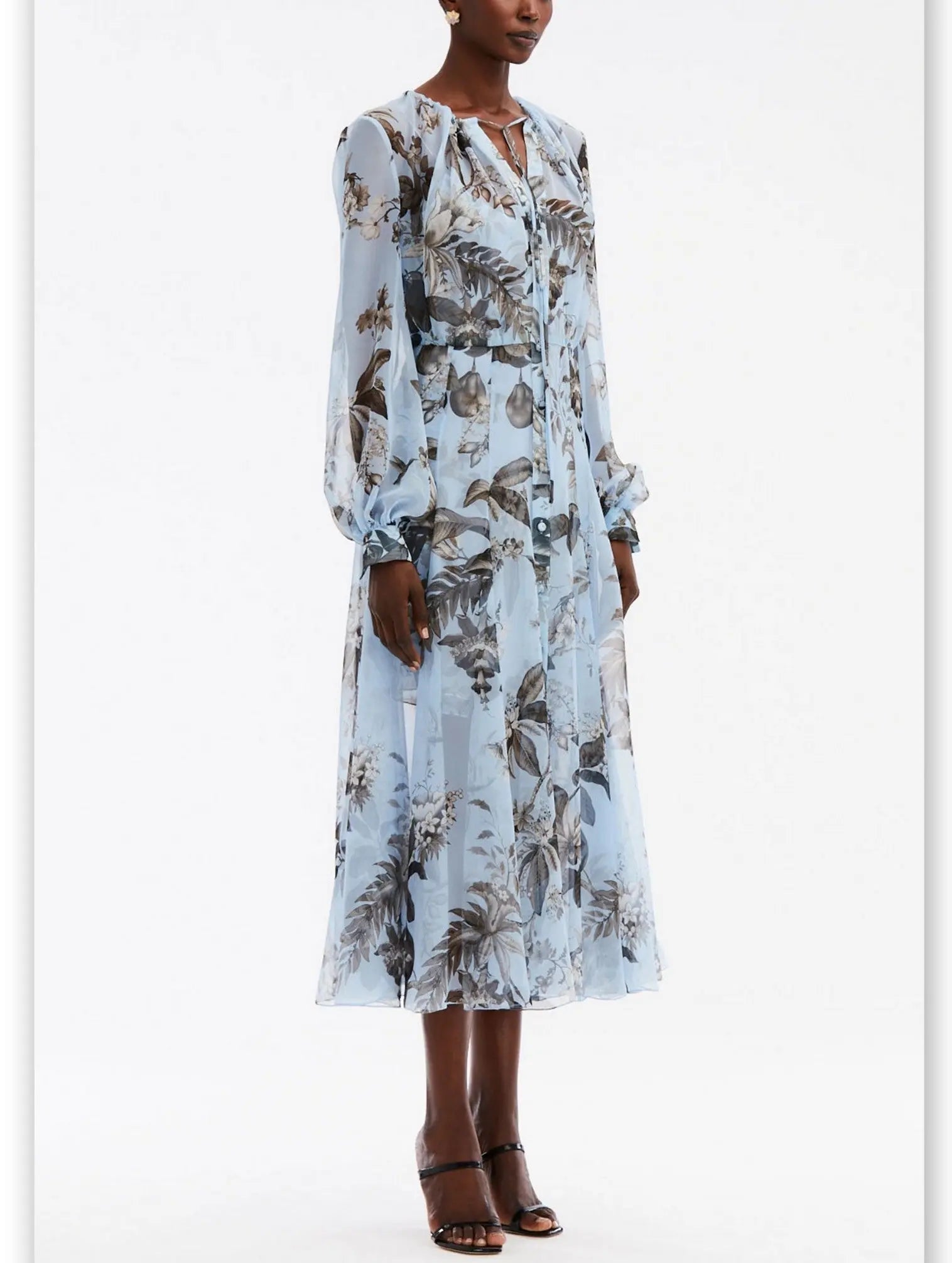 Floral Print Silk Chiffon Midi Dress in Light Blue - Dresses