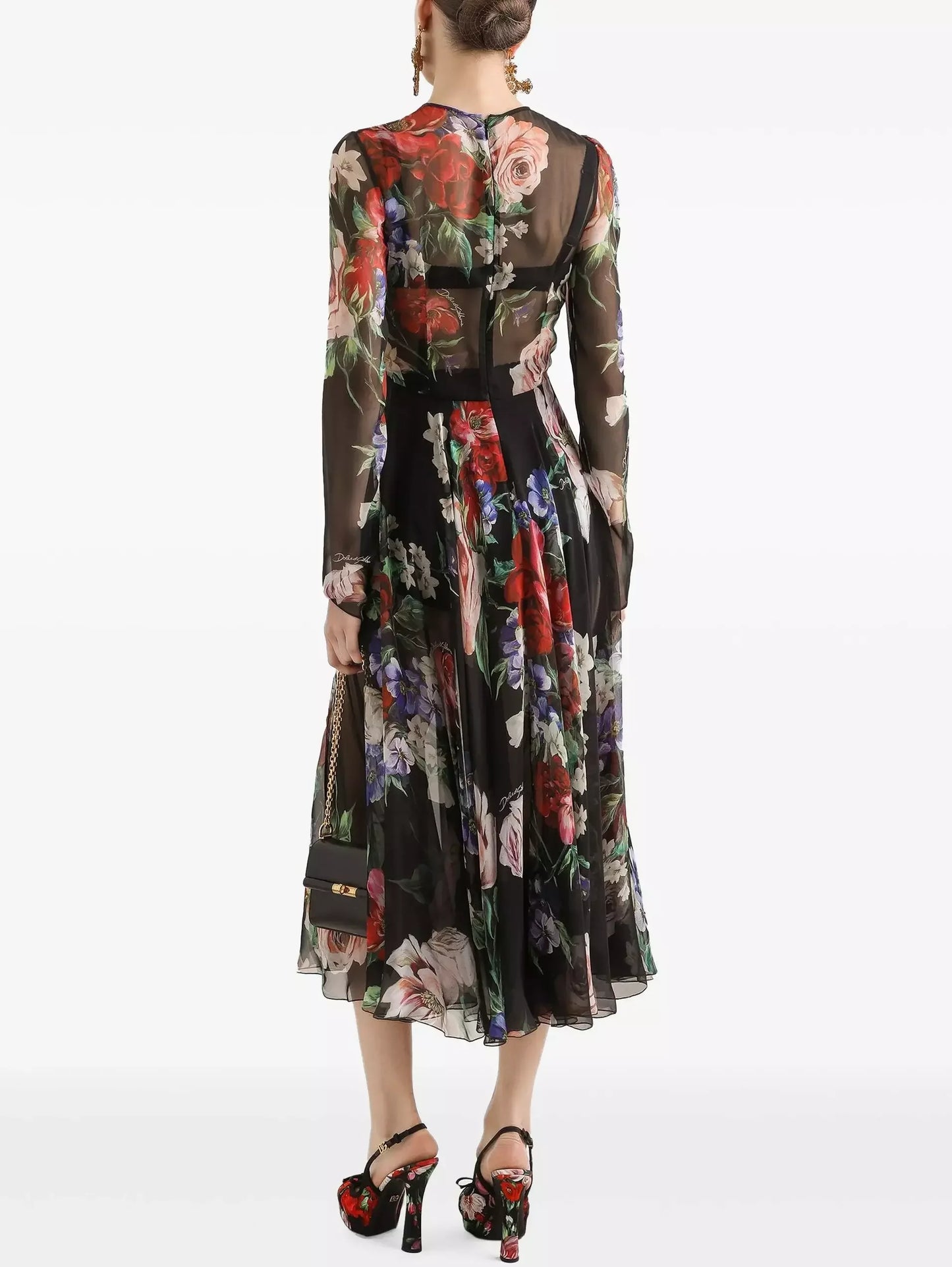 Floral-Print Silk Chiffon Midi Dress with Slip - Dresses