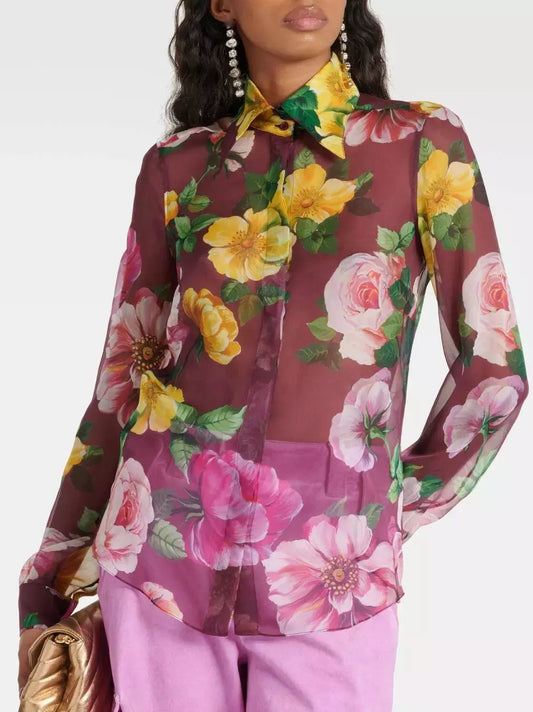 Floral Print Silk Chiffon Sheer Blouse - Tops
