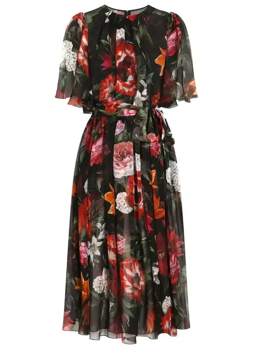 Floral Print Silk Short-Sleeve Midi Dress - S - Dresses