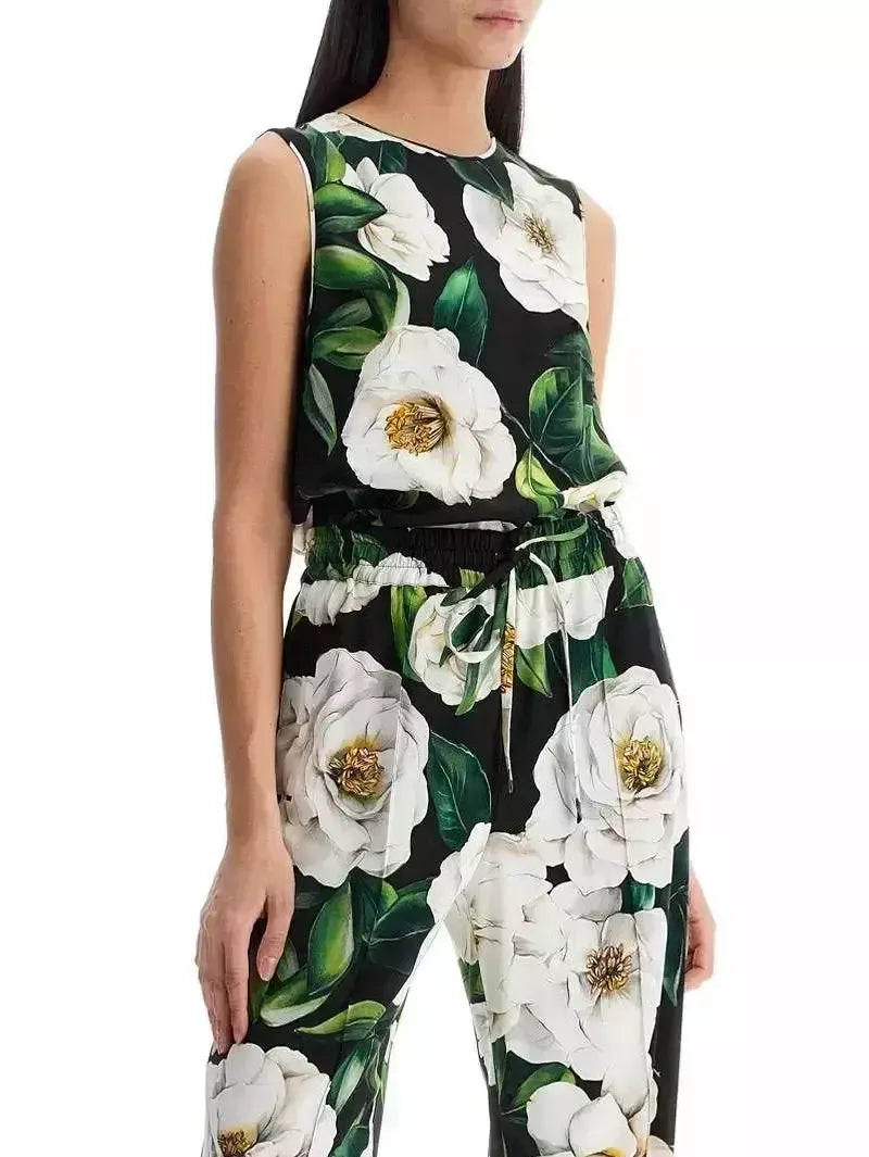 Floral Print Silk Tank and Pant Set - Suits & Sets