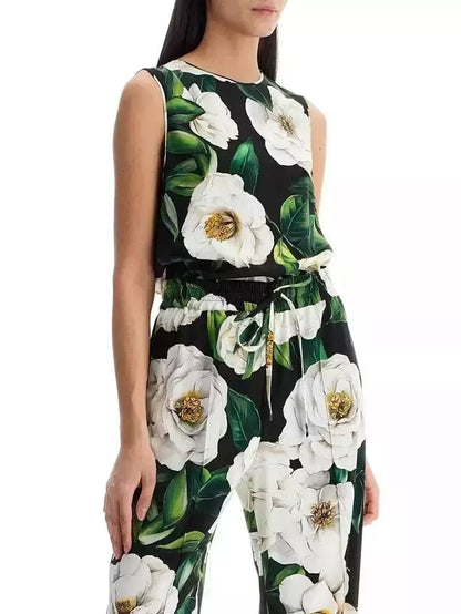 Floral Print Silk Tank and Pant Set - Suits & Sets