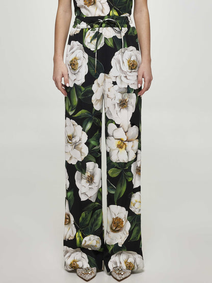 Floral Print Silk Tie-Waist Pants - Jeans & Pants