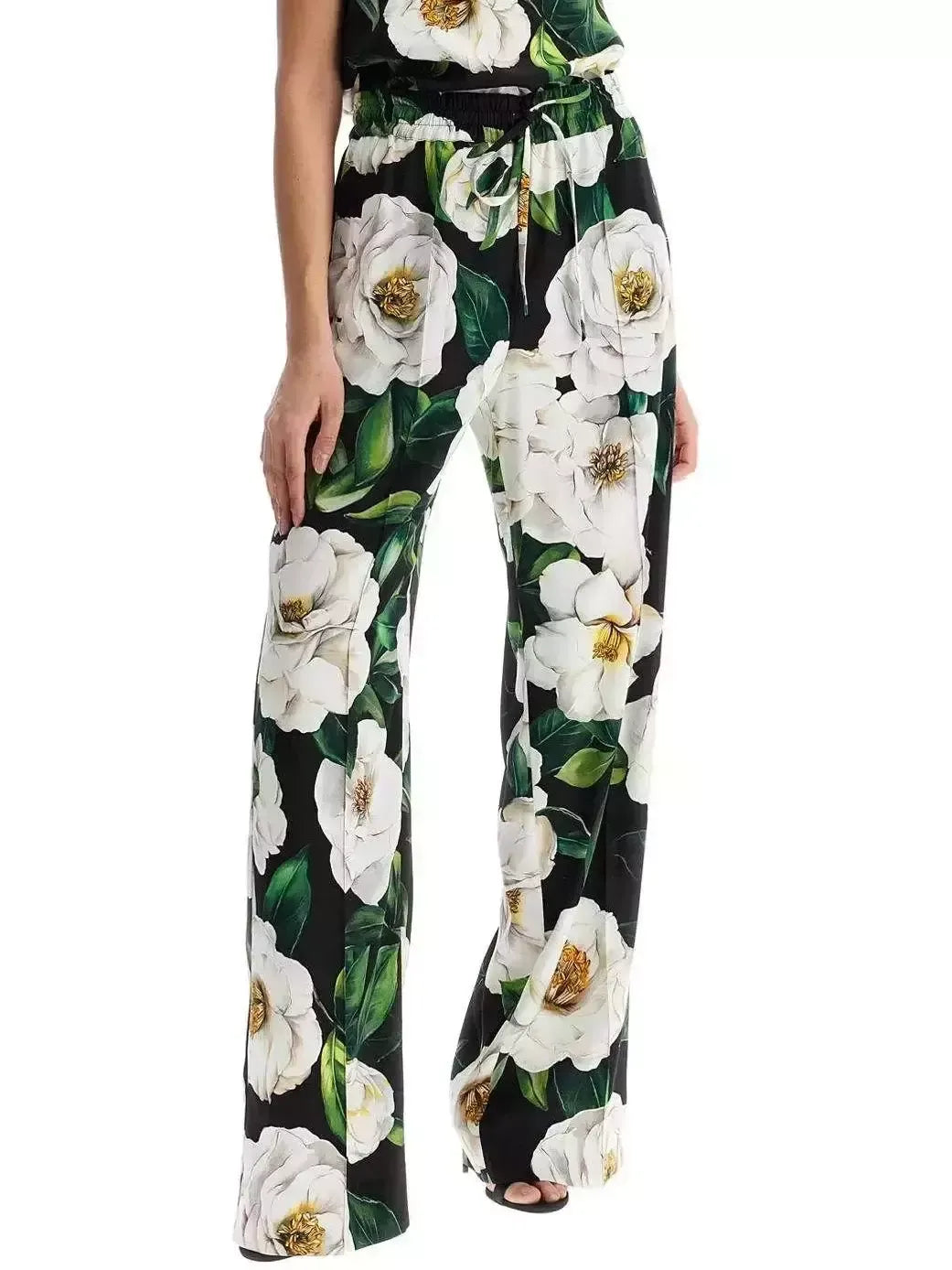 Floral Print Silk Tie-Waist Pants - S - Jeans & Pants