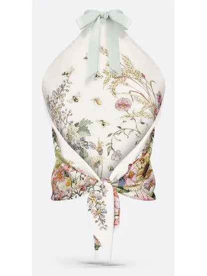 Floral Print Silk White and Multicolor Halter Top - Tops