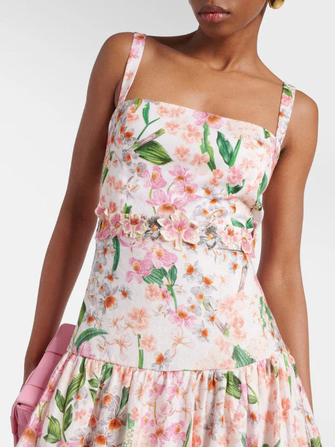 Floral Print Sleeveless Maxi Dress with Embroidery - Dresses