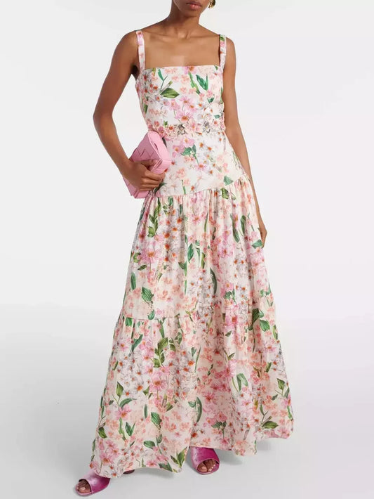 Floral Print Sleeveless Maxi Dress with Embroidery - Small - Dresses