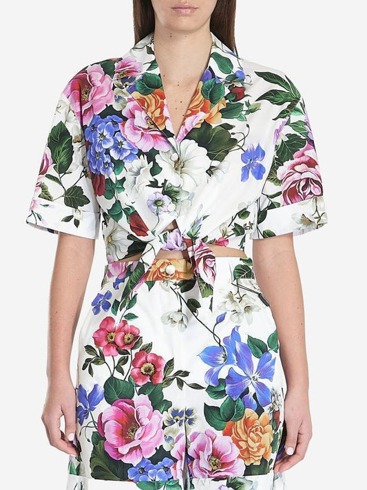 Floral Print Tie-Waist Shirt - Tops