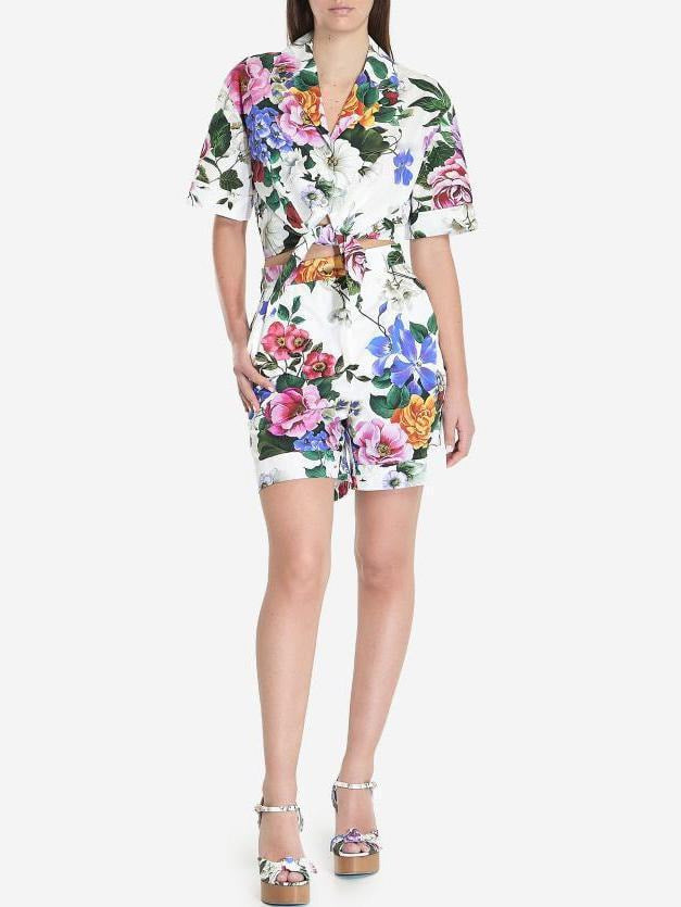Floral Print Tie-Waist Shirt - Tops