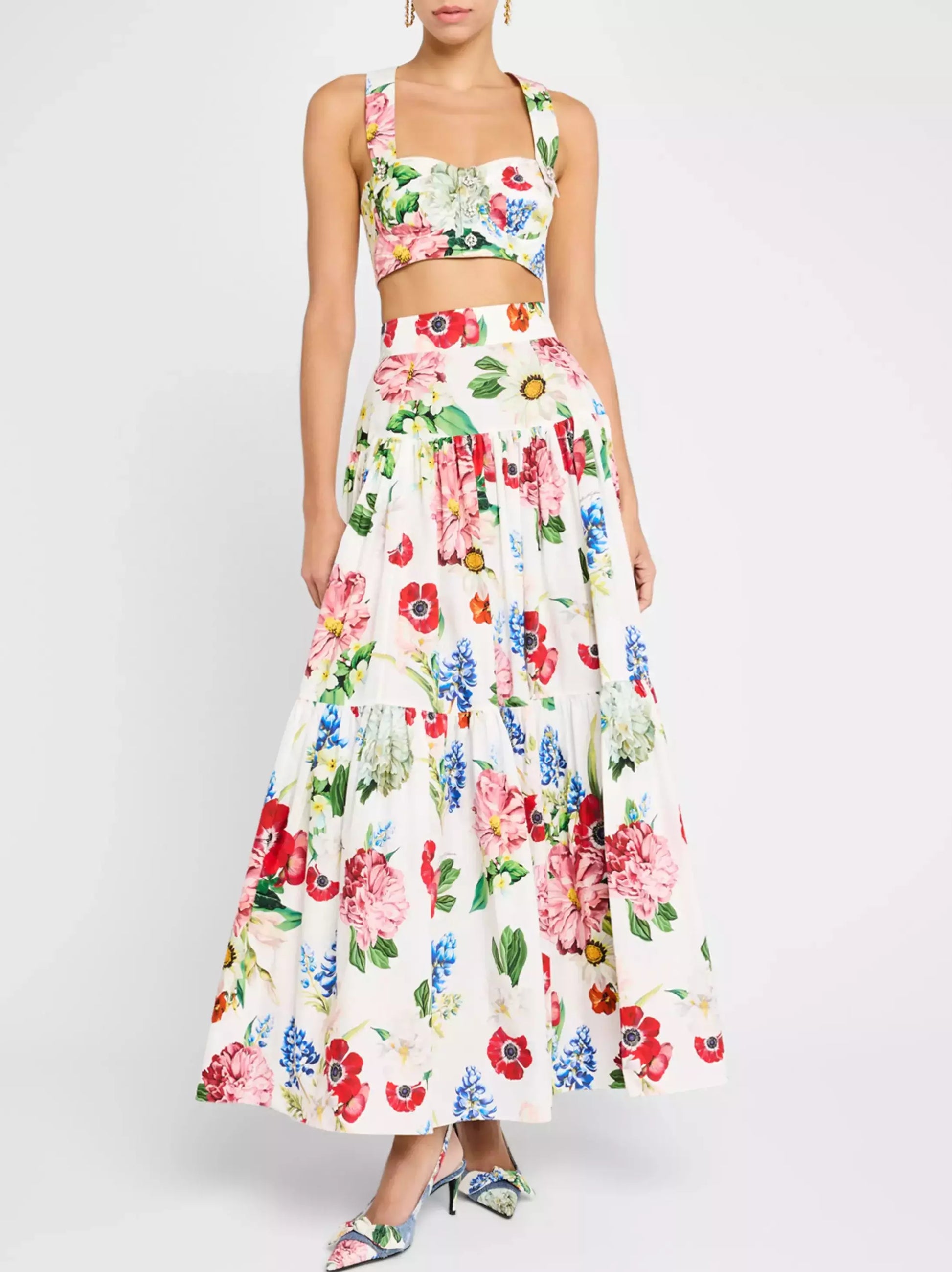 Floral Print Tiered Cotton Maxi Skirt - Skirts
