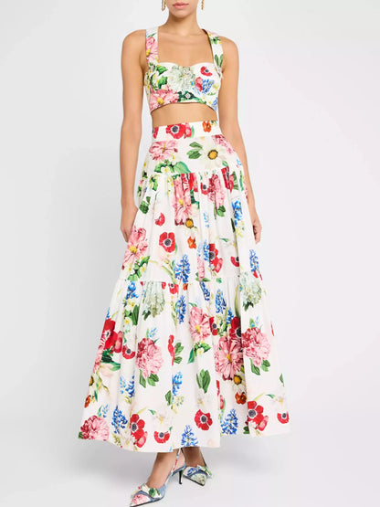 Floral Print Tiered Cotton Maxi Skirt - Skirts