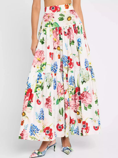 Floral Print Tiered Cotton Maxi Skirt - Skirts