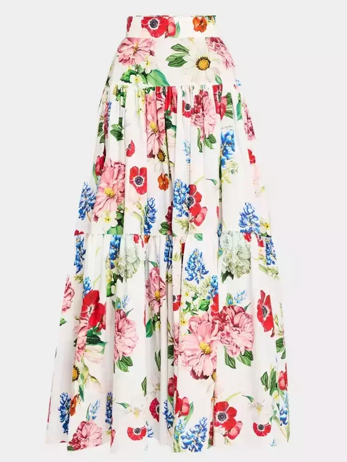 Floral Print Tiered Cotton Maxi Skirt - S - Skirts