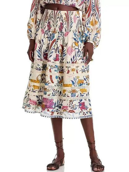 Floral Print Tiered Paneled Midi Skirt - Skirts
