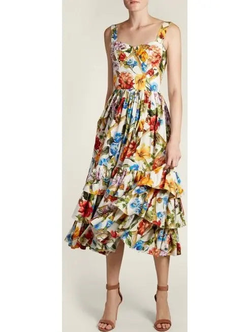 Floral-Print Tiered-Ruffle Midi Dress