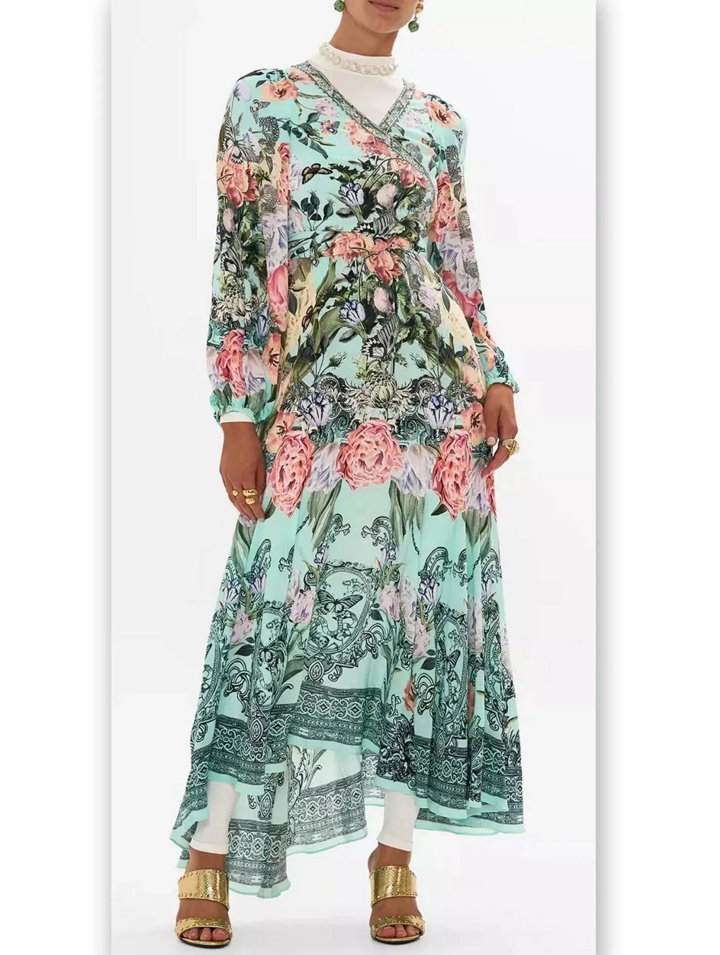 Floral Print V-Neck Blouson-Sleeve Wrap-Tie Dress - Dresses