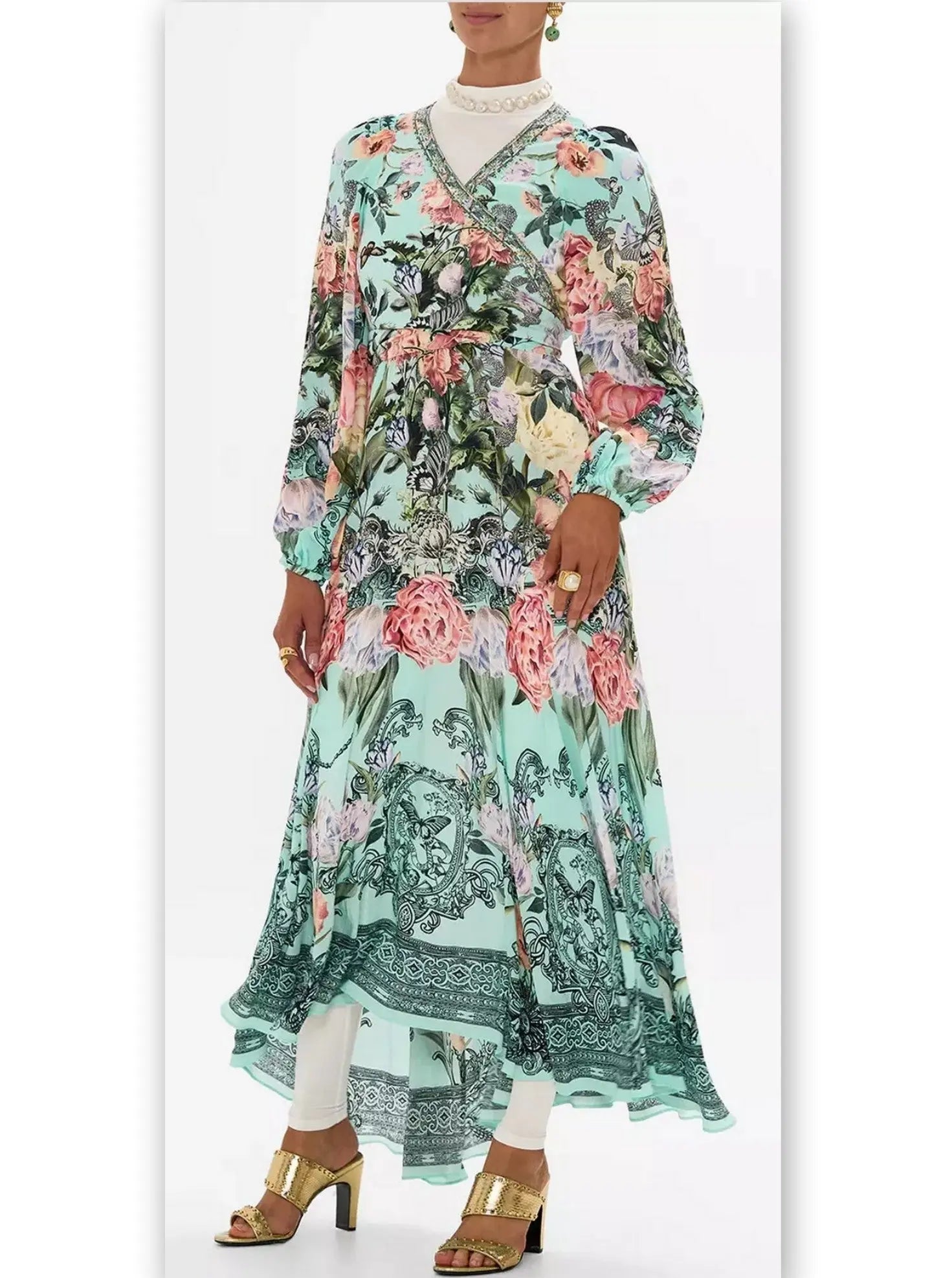 Floral Print V-Neck Blouson-Sleeve Wrap-Tie Dress - Dresses