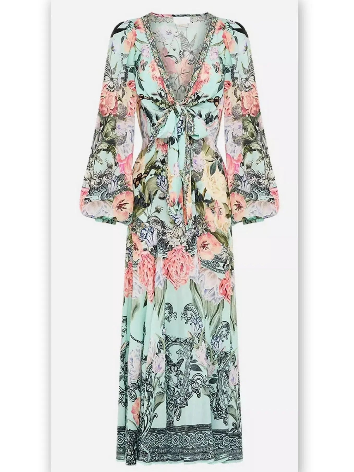 Floral Print V-Neck Blouson-Sleeve Wrap-Tie Dress - Dresses