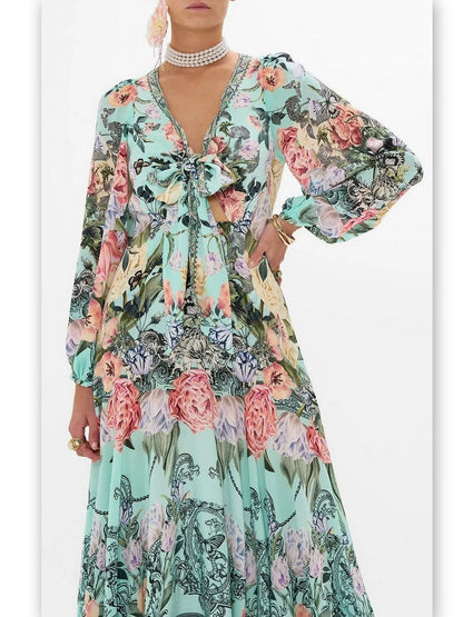 Floral Print V-Neck Blouson-Sleeve Wrap-Tie Dress - Dresses