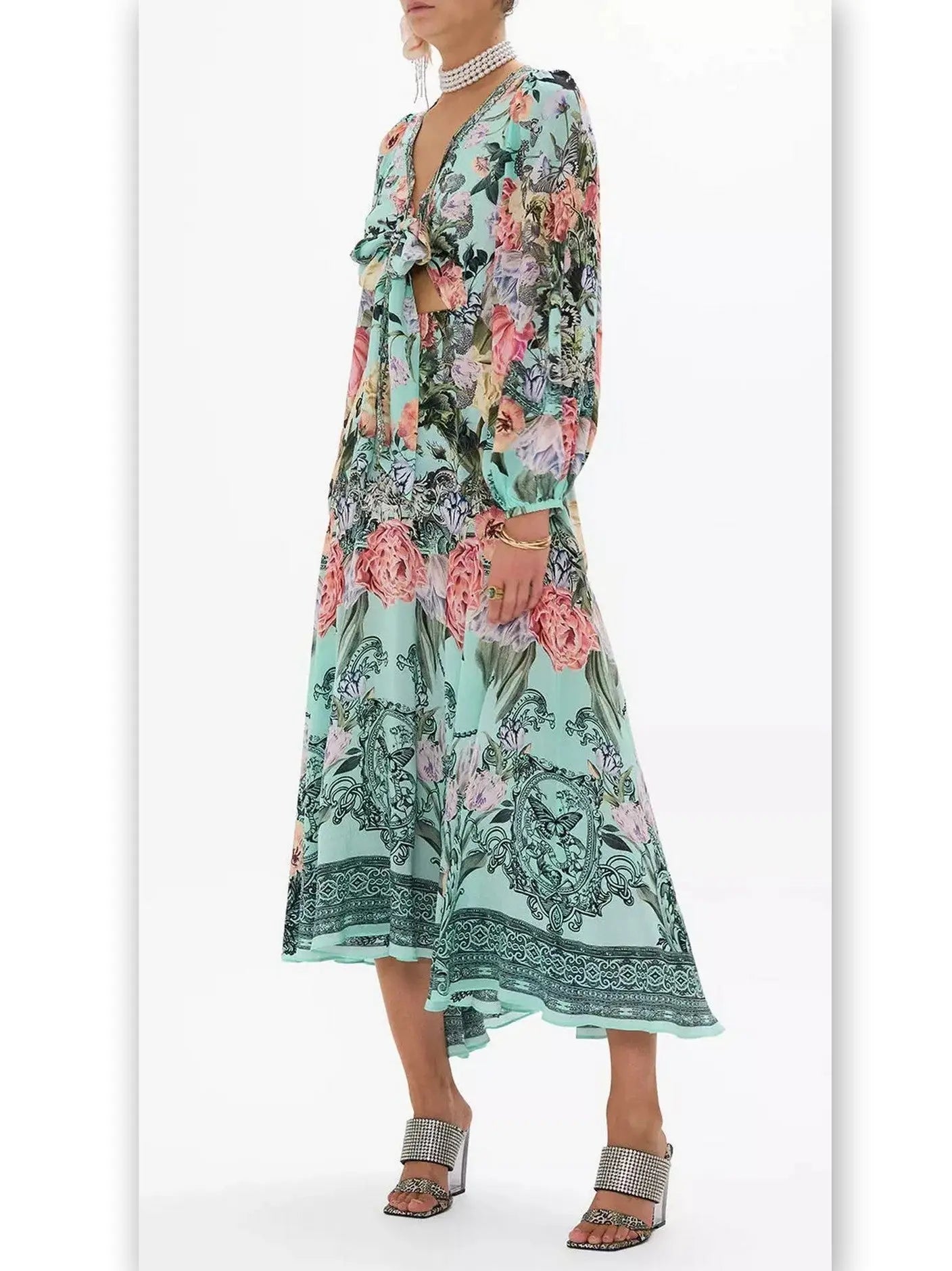 Floral Print V-Neck Blouson-Sleeve Wrap-Tie Dress - Dresses