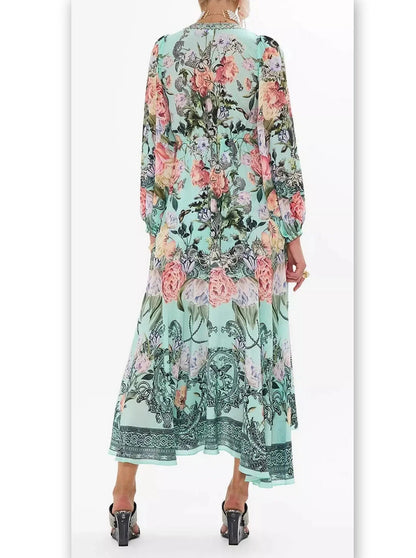 Floral Print V-Neck Blouson-Sleeve Wrap-Tie Dress - Dresses