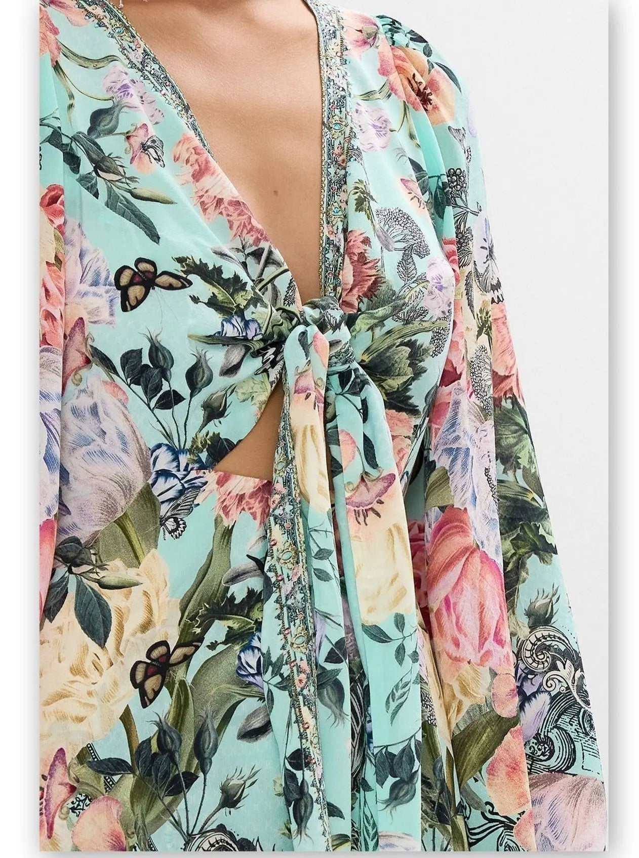 Floral Print V-Neck Blouson-Sleeve Wrap-Tie Dress - Dresses