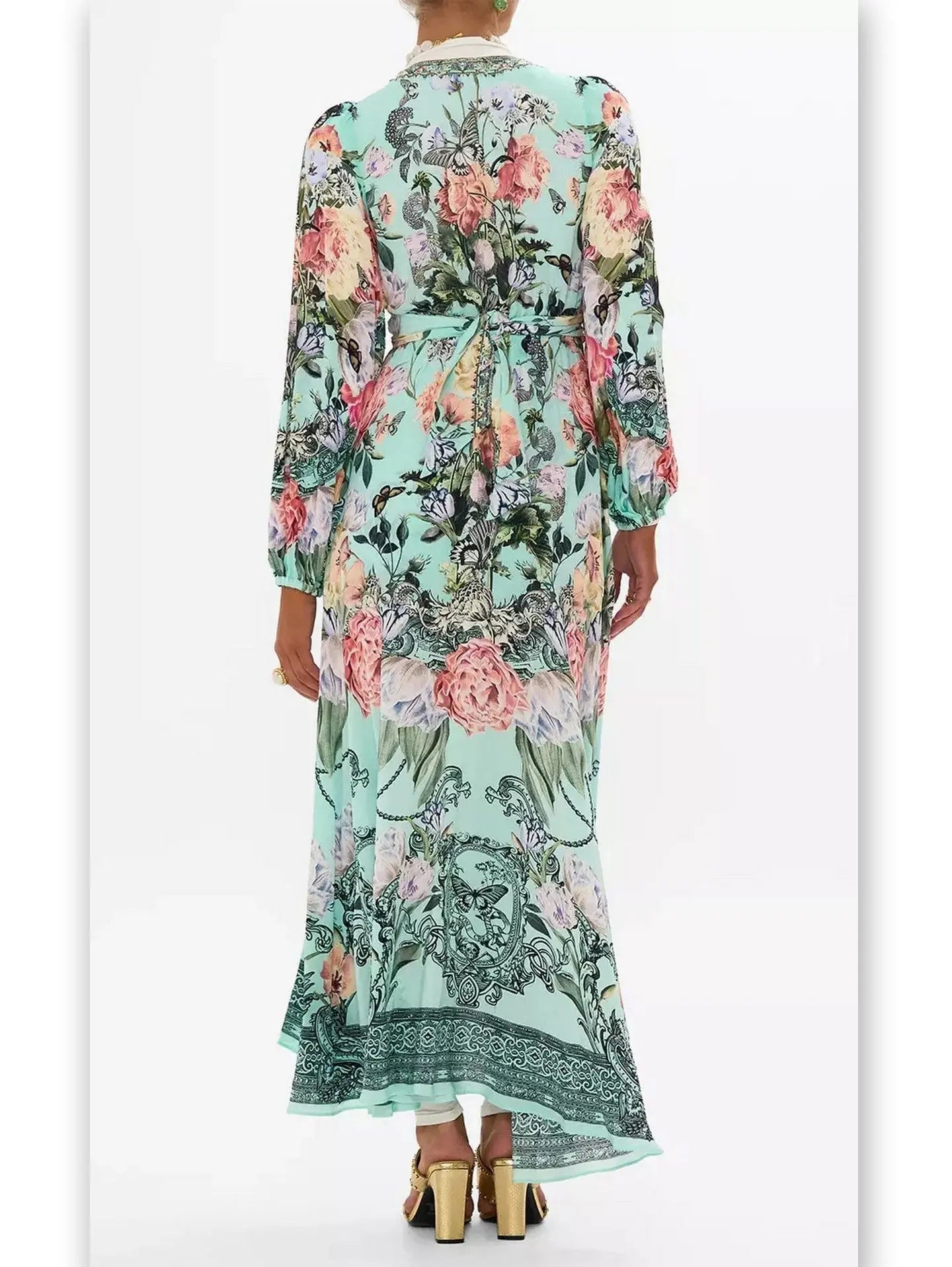 Floral Print V-Neck Blouson-Sleeve Wrap-Tie Dress - Dresses