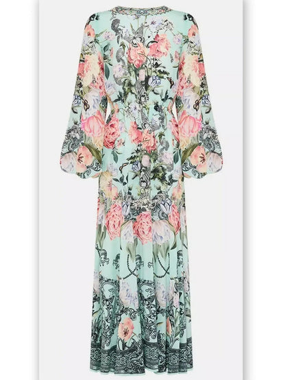 Floral Print V-Neck Blouson-Sleeve Wrap-Tie Dress - Dresses