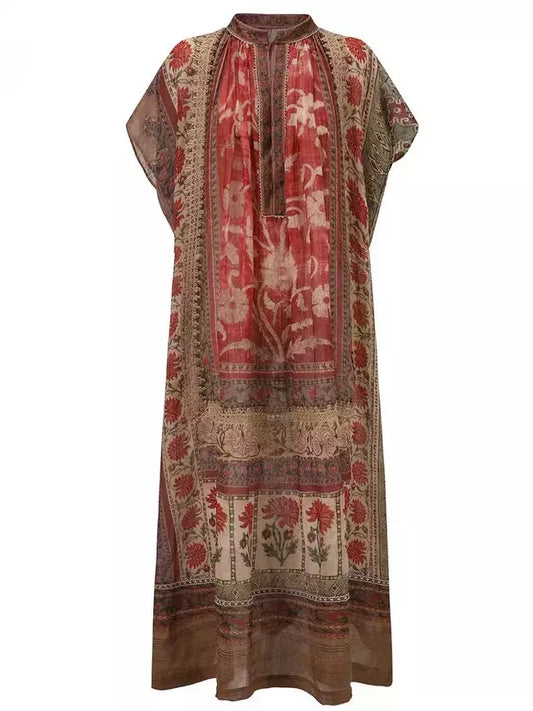 Floral print vintage maxi kaftan dress with a long, loose-fitting design