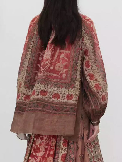 Floral patterned red and brown kimono on Floral Print Vintage Ramie Blouse