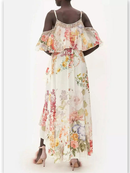 Floral Printed Cold-Shoulder Ruffle Silk Dress - Dresses