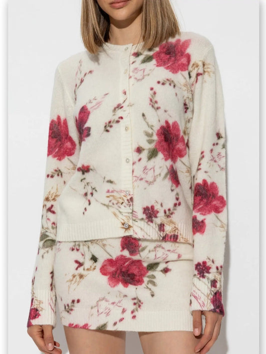 Floral Printed Cream Cardigan Sweater - Sweaters & Knitwear