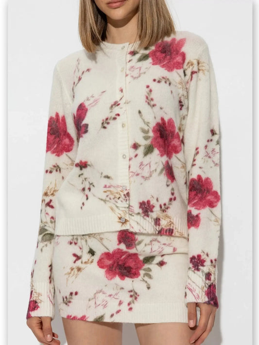 Floral Printed Cream Cardigan Sweater - Sweaters & Knitwear