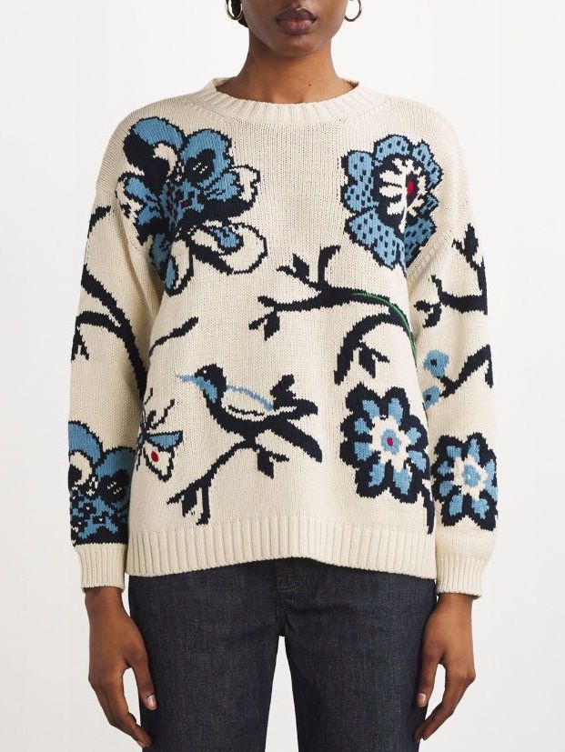 Floral Printed Crewneck Sweater - Sweaters & Knitwear