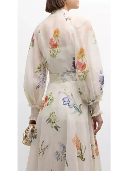 Floral Printed Linen Silk Blouse and Skirt Set - Suits & Sets