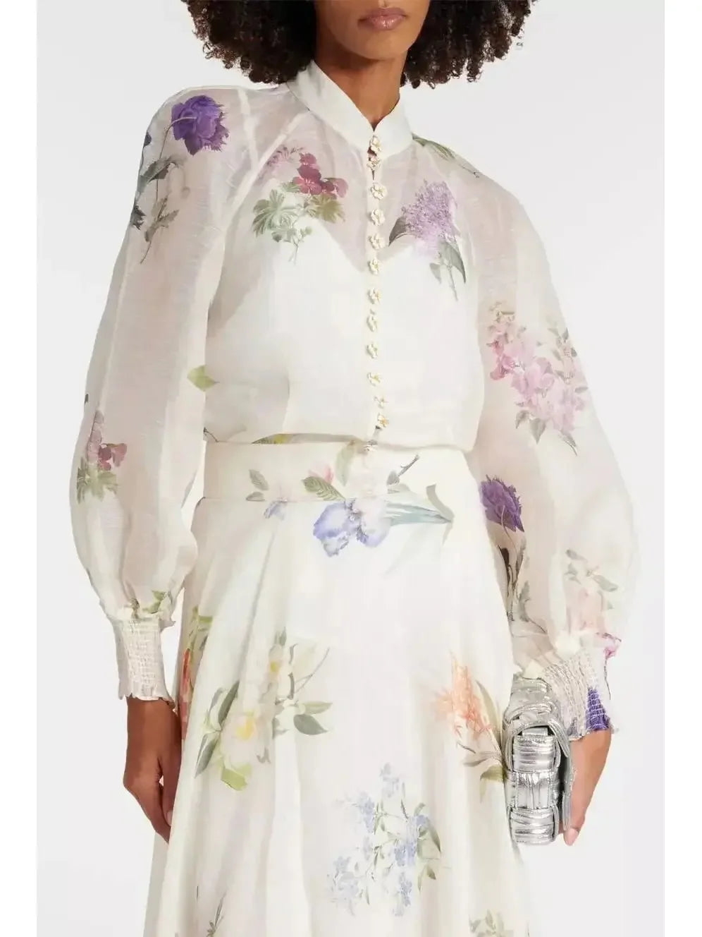 Floral Printed Linen Silk Blouse and Skirt Set - Suits & Sets