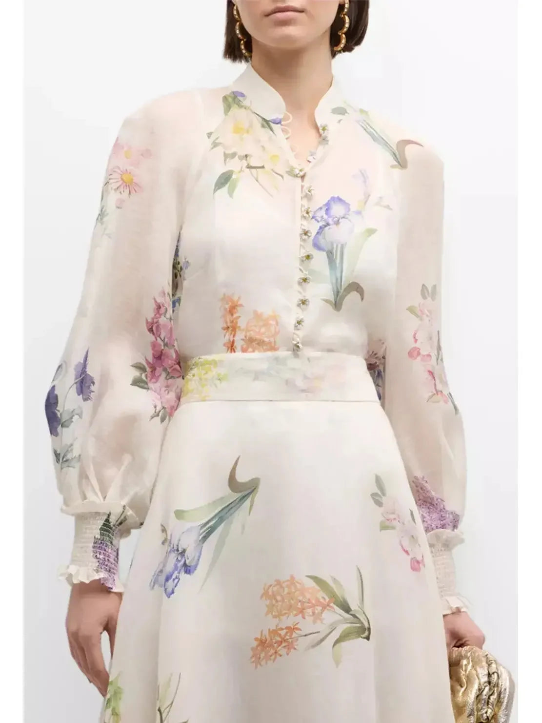 Floral Printed Linen Silk Blouse and Skirt Set - Suits & Sets