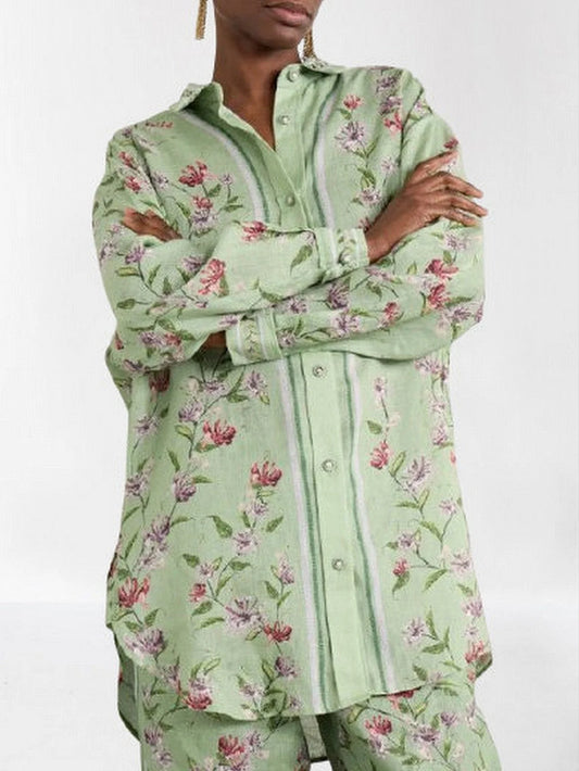 Floral-Printed Long Green Linen Shirt - Small - Tops
