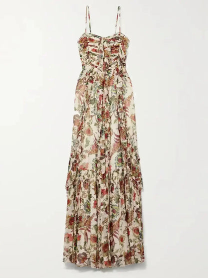 Floral Printed Multicolor Silk Maxi Dress - Dresses