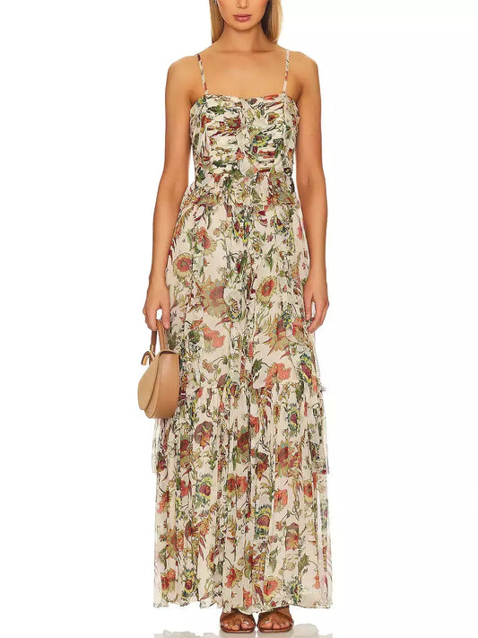 Floral Printed Multicolor Silk Maxi Dress - Dresses