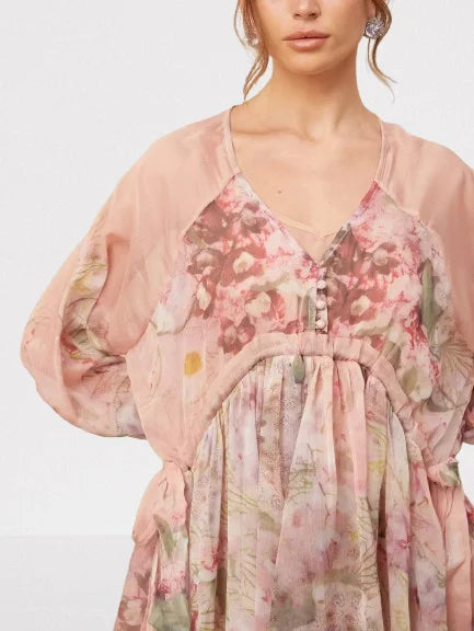 Floral Printed Pleated Pink Silk Mini Dress - Dresses