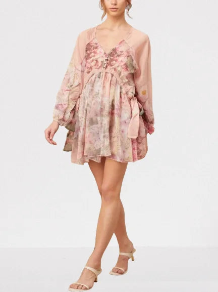 Floral Printed Pleated Pink Silk Mini Dress - Dresses