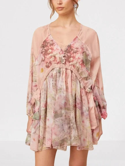 Floral Printed Pleated Pink Silk Mini Dress - Dresses