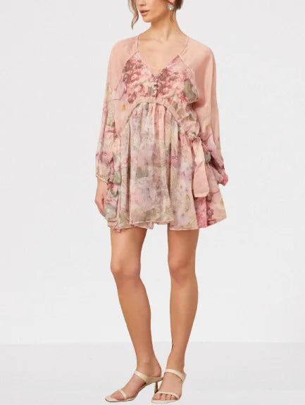 Floral Printed Pleated Pink Silk Mini Dress - Dresses