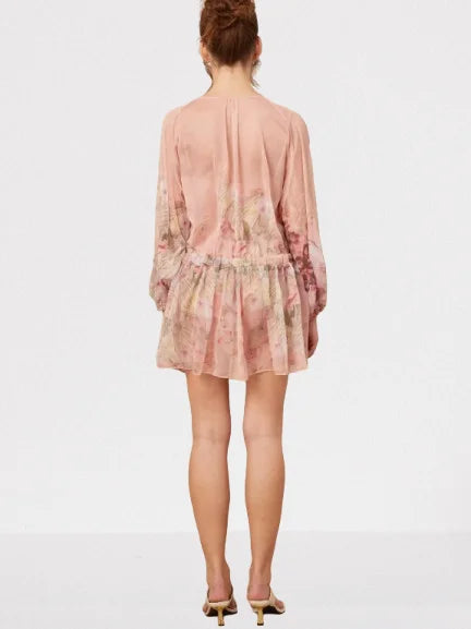 Floral Printed Pleated Pink Silk Mini Dress - Dresses